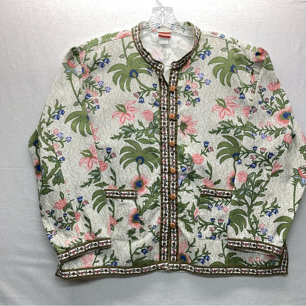 Tudor Court Haband Floral Button Front Jacket Pink Green Beige Pockets Layer
